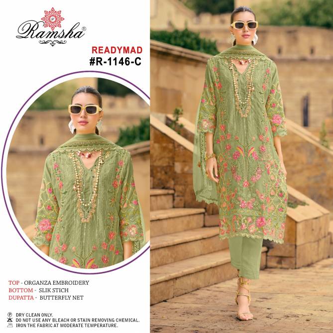 R 1146 By Ramsha Embroidery Organza Pakistani Suits Wholesale Shop In Surat